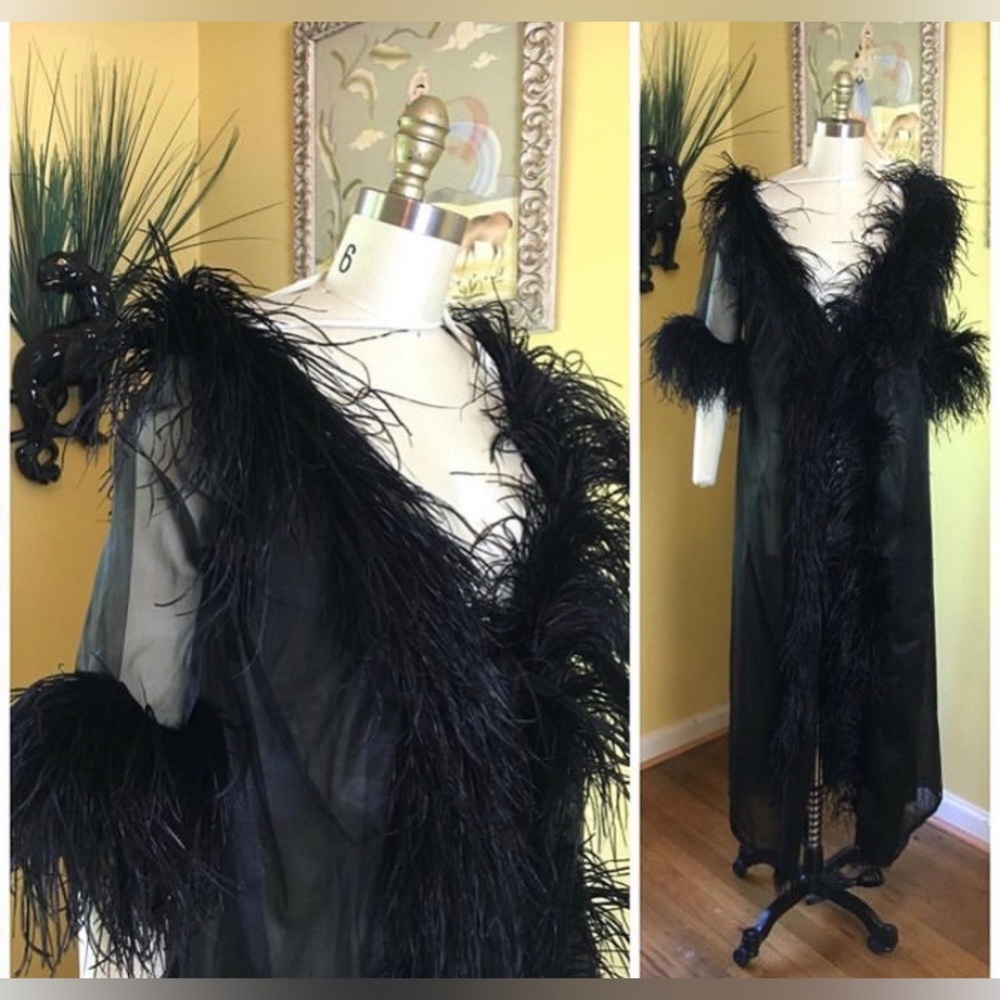 Vintage Black Feather Trim Sheer Robe
